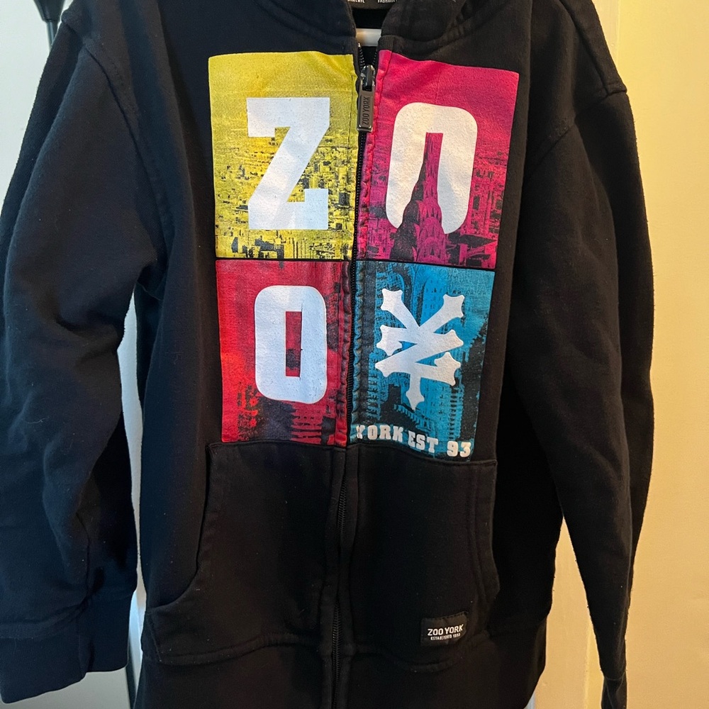 ‘00 Retro Zoo York boys 8-10 small Black zippered Hoodie sweatshirt pullover